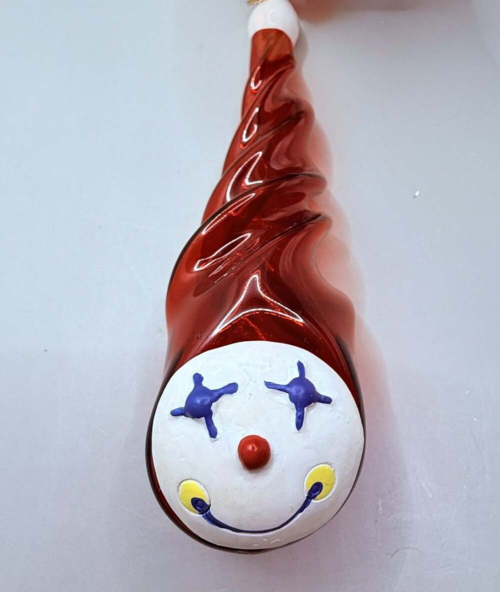Vintage Red Blown Glass Clown Face Icicle Ornament Kitschy Circus 6”